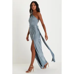 Lulus Signature Elegance Slate Blue Satin One-Shoulder Maxi Dress size Medium thumbnail 3