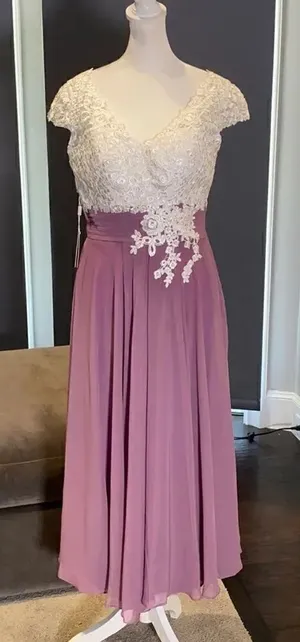 Women’s Ivory Lace Top Chiffon V-Neck with Cap Sleeves Dress Size 4 NWT thumbnail 1