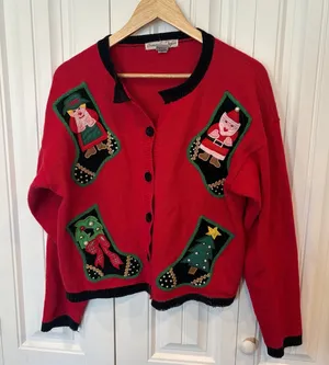 Samantha Taylor Red Christmas Stocking Cardigan‎ Size Large thumbnail 1