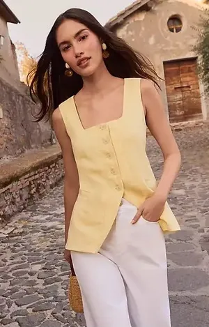 LOFT Square Neck Butter Yellow Linen Blend Sleeveless Top Medium thumbnail 1