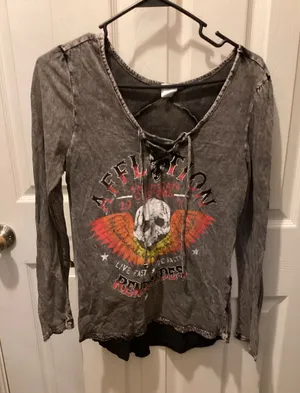 Affliction Gray Lace-Up Long Sleeve Skull Top with Multicolor Wing Graphic thumbnail 1