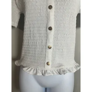 Loft White Smocked Short Sleeve Button Front Polo Cardigan Ruffle Hem Top S SP25 thumbnail 3