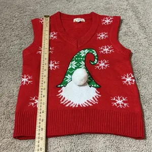 Poof Ugly Christmas Gnome Sweater Vest Womens Small Red Snowflake Pom Pom V-Neck thumbnail 5