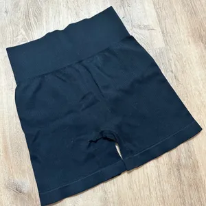Woman's Black Ribbed Seamless High Waisted‎ Workout Yoga Biker Shorts, Size S thumbnail 2