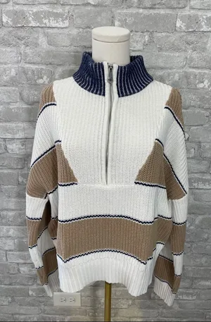 Elan Striped Half-Zip Ribbed Sweater - White, Tan & Navy thumbnail 1