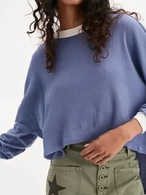 Free People We The Free Waffle Knit High Low Blue Long Sleeve Crop Top Size L thumbnail 1