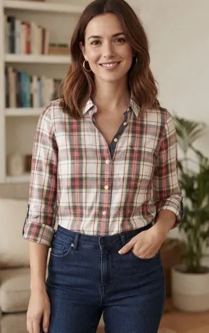 Tommy Hilfiger Women's Red Green Plaid Metallic Thread Roll-Tab Shirt Size M thumbnail 1