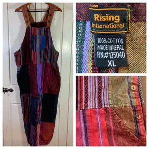 Rising International Nepal Patchwork Overalls Jumpsuit Boho Hippie XL‎ Colorful thumbnail 12