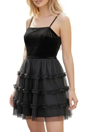 Trixxi Mini Dress Womens Large Black Velvet‎ Tulle Tiered Goth Cocktail Party thumbnail 1