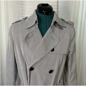 GAP Women’s Blue Pinstriped Double Breasted Trench Coat Medium Belted Classic thumbnail 4