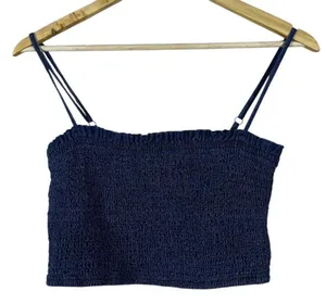 Abercrombie & Fitch Smocked Denim Look Crop Top Indigo Blue Boho Summer Size L thumbnail 1
