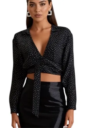 ZARA Polka Dot Tie Front Satin Blouse Women's Size S NWT Black White thumbnail 1