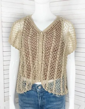 Vintage Boho Crochet Lace Sheer Topper Cardigan Button Up Tan Medium Cottagecore thumbnail 1