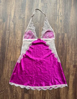 Victoria’s Secret Fuchsia Satin Lace Halter Neck Babydoll Nightie - Size S thumbnail 1
