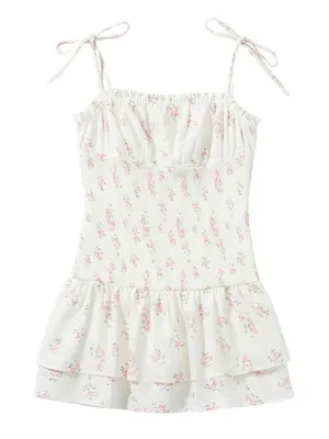 Tunic Top Floral Milkmaid Smocked Tiered Cottage Coquette Romantic White Large thumbnail 1