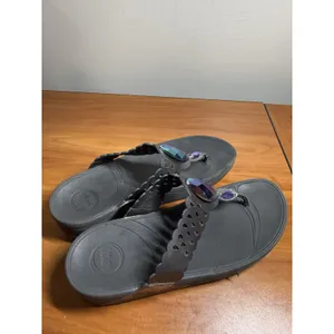 FitFlop Lunetta Jeweled Black Pewter Leather Thong Wedge Sandals Size 10 thumbnail 3