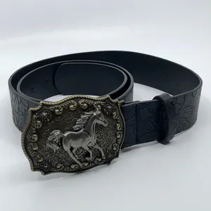 Women's Black Embossed Western Horse Buckle Belt, 28.5–39.5 Inches, X7G9A1018 thumbnail 3