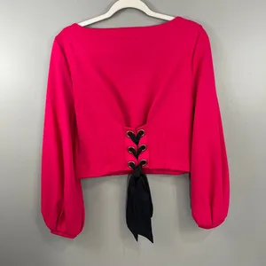 Maeve Top Women XS Pink Great Lace Up Back Puff Sleeve Crop Boat Neck thumbnail 8