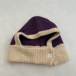NWOT Purple Beige Button Balaclava Winter Knit Hoodie Hood Hat thumbnail 6