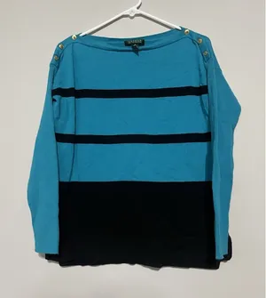 LAUREN Ralph Lauren Sweater Womens Med Blue Black Stripe Pullover Gold buttons thumbnail 1