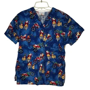 Peaches Uniforms Christmas Santa Motorcycle Scrub Shirt‎ thumbnail 1