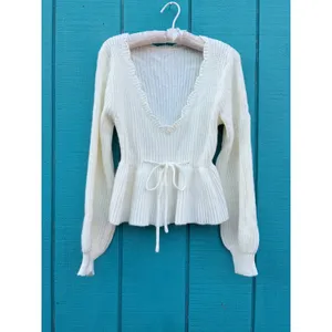 Scallop Ruffle V-Neck Peplum Ribbed Knit Sweater Balloon Sleeve Drawstring Waist thumbnail 2