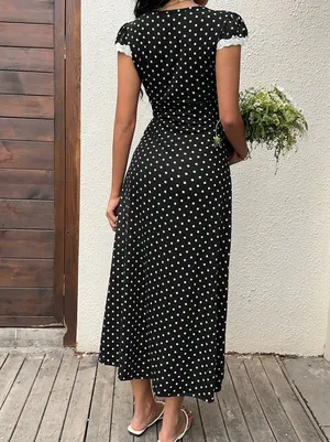 Retro Black & White Polka Dot V-Neck Lace Trim Dress thumbnail 2