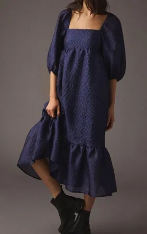 NWT Anthropologie Navy Blue Textured Puff Sleeve Dress thumbnail 1