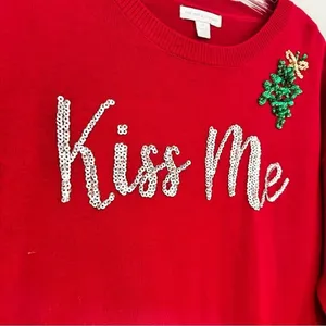 NY&Co Kiss Me Ugly Christmas Sweater Women‎ XS Red Holiday Sequin Mistletoe Glam thumbnail 3