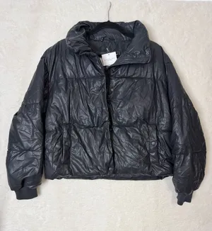 American Eagle AE Chill Puffer Vegan Leather Jacket Coat Zip Button Pockets NWT thumbnail 1