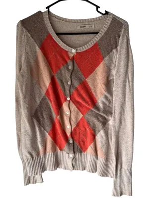 Old Navy‎ Y2k Size Large Beige Orange Argyle Diamond Button Academia Sweater thumbnail 1