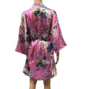Pink Geisha Lotus Floral Satin Pocket Kimono Robe Tie Belt One Size Fits Most thumbnail 6