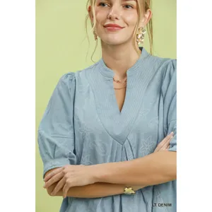 Umgee Print Denim Dress with Contrast Stitch - Small thumbnail 5