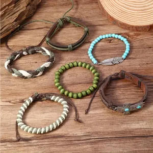 Bohemian Faux Leather Bracelet Set Cross‎ & Feather Charms Adjustable Handwoven thumbnail 6