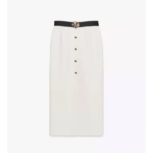 Zara Women Cream Button Front Midi Skirt Gold Brooch Contrast Waistband‎ Slit XL thumbnail 5