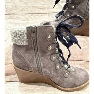 SM New York Women's Frenzy Boots Wedge Heel Brown Suede like Size 6 thumbnail 5