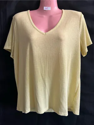 Old Navy Women’s V-Neck Ribbed Short Sleeve Top Light Yellow LG thumbnail 1