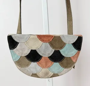 Multicolor Suede‎ Scalloped Patchwork Crossbody Bag Mermaid Boho Brown thumbnail 1