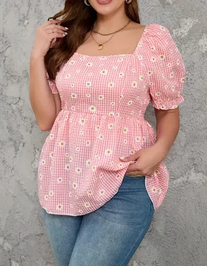 Nwot-Pink Gingham Babydoll Top-Size 2x thumbnail 2