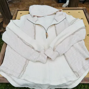 BKE Women’s Waffle Knit Quarter Zip Hoodie Small Cream Hooded Pullover thumbnail 3