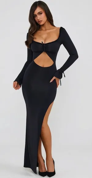 Oh Polly Matilda Black Cut Out Maxi Dress‎ NWT US 0 Ruched Bodycon Gown thumbnail 1