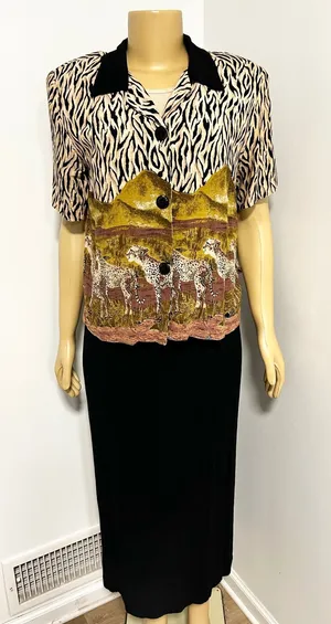 Karin Stevens Vintage 90s Safari Zebra Cheetah Print Maxi Dress Set Size 12 M thumbnail 1
