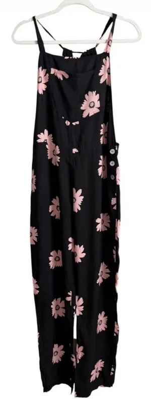 Wildfox Swim Daisy Overall Jumpsuit Black Pink Floral Wide Leg Sample Coverup S thumbnail 1