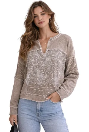 In Loom Taupe Bandana Patchwork Distressed Pullover L thumbnail 1