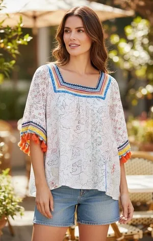 Maeve Embroidered‎ Tassel Square Neck Boho Blouse Bohemian Festival Artistic Medium thumbnail 1