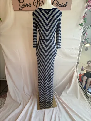 Calvin Klein Women's Navy and Gray Striped Maxi Dress with Tie Waist Size 4 thumbnail 2