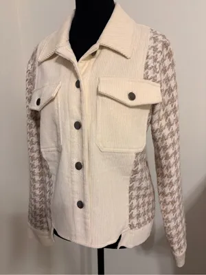 Mystree Corduroy Jacket S Cream Herringbone Mixed Media Utility Shacket fall thumbnail 2