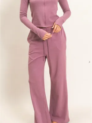 Dusty Mauve Plum Zip Up Top Wide Leg Pants Set Large thumbnail 2