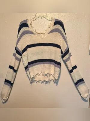 Rue21 Large Distressed Striped Oversized Cropped Knit Sweater thumbnail 3