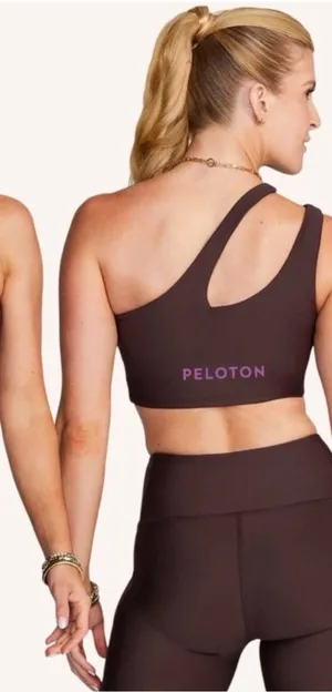 PELOTON Women's Chocolate Brown Asymmetric Cropped Sports Bra with Purple Logo thumbnail 1